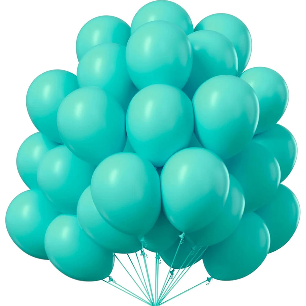 A bunch of light blue latex balloons tied together for party decor