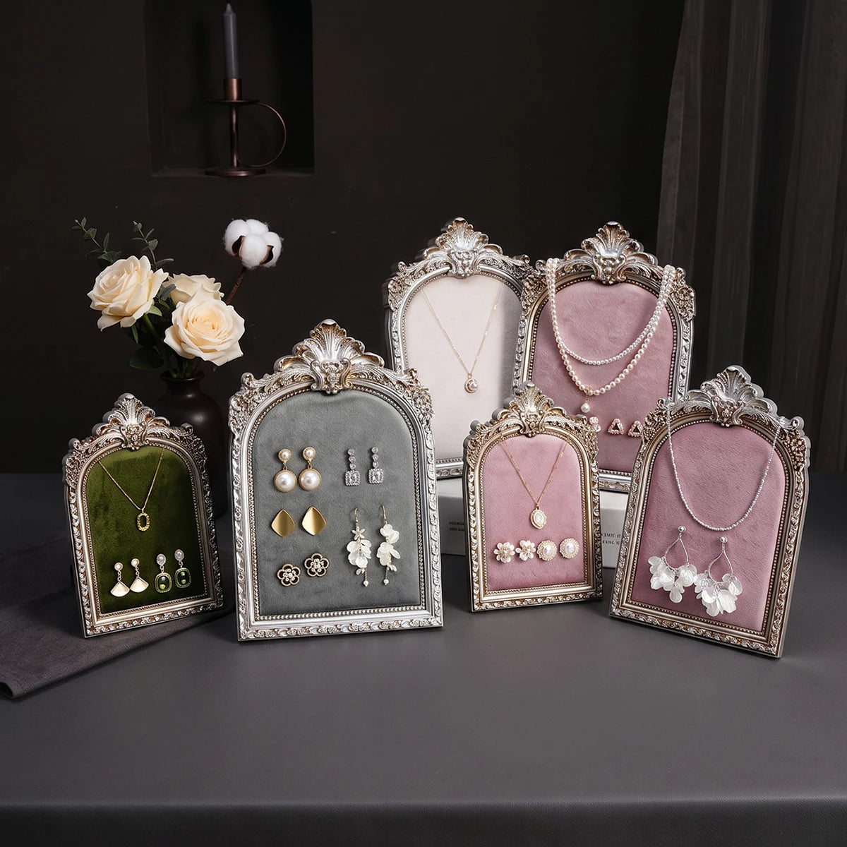 European-Style Velvet Jewelry Display Stand with Silver-Plated Floral Detail