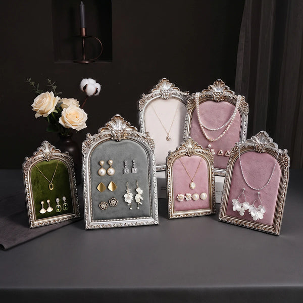 European-Style Velvet Jewelry Display Stand with Silver-Plated Floral Detail
