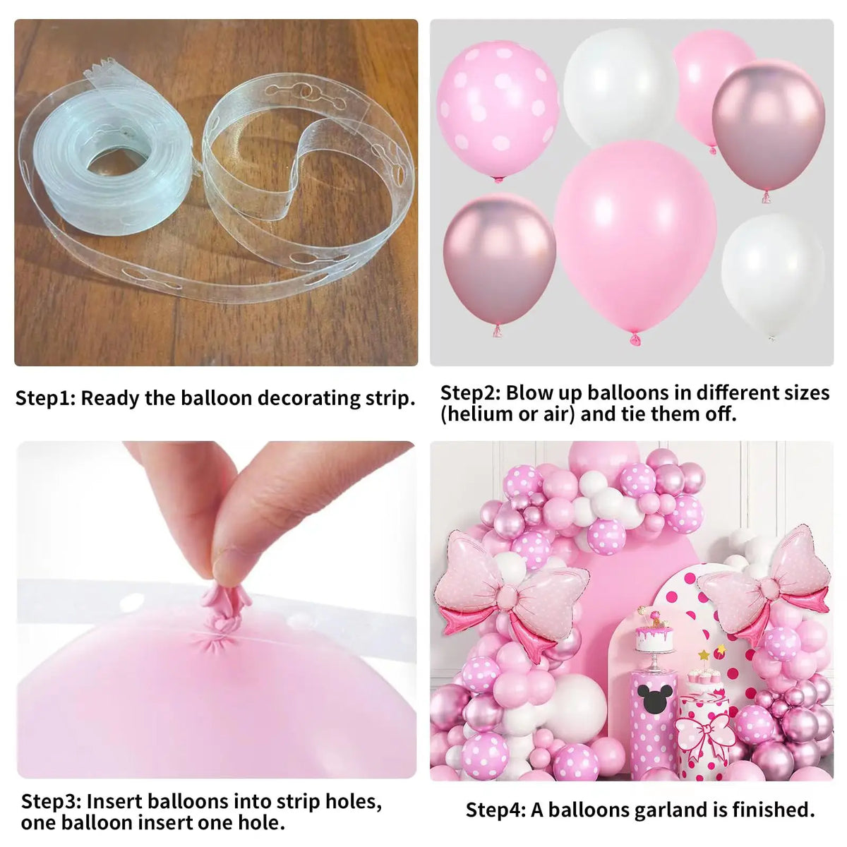 Step-by-step instructions showing how to create a pink and white balloon garland using decorating strips and balloons.