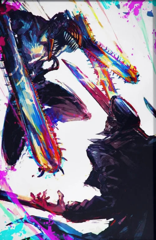 A dynamic anime illustration featuring Chainsaw Man in a dark, aggressive pose with vibrant neon accents.