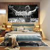 A motivational gym flag featuring Arnold Schwarzenegger hanging banner displayed above a modern bed.