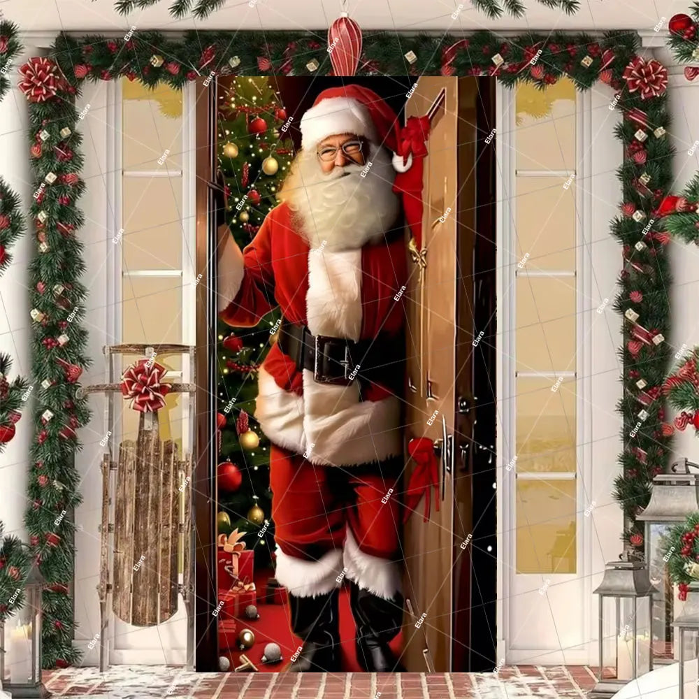 A festive Christmas Santa figure is visible through a decorated door frame with evergreen garlands.