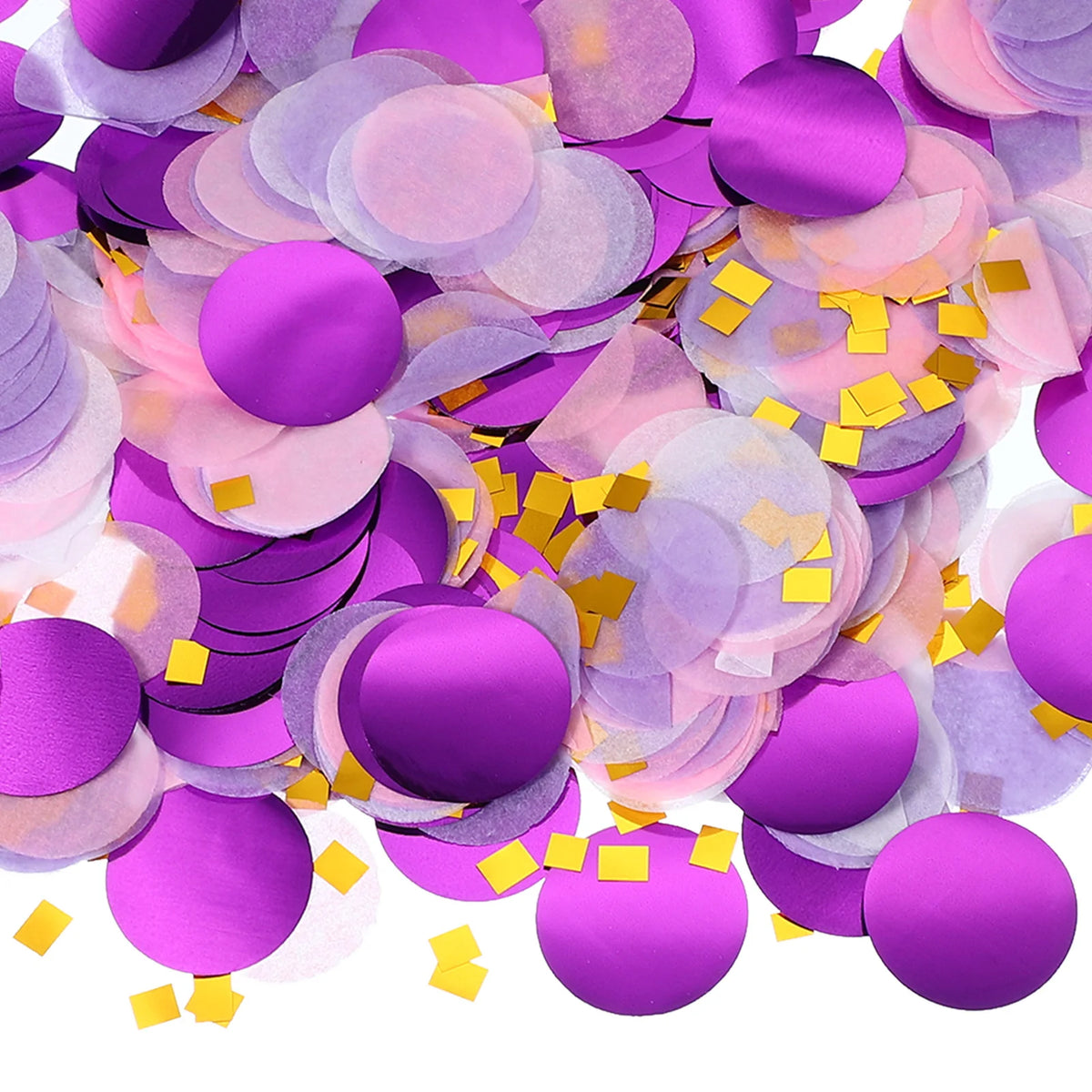 A colorful mix of round tissue paper confetti dots in shades of purple, pink, and lavender.