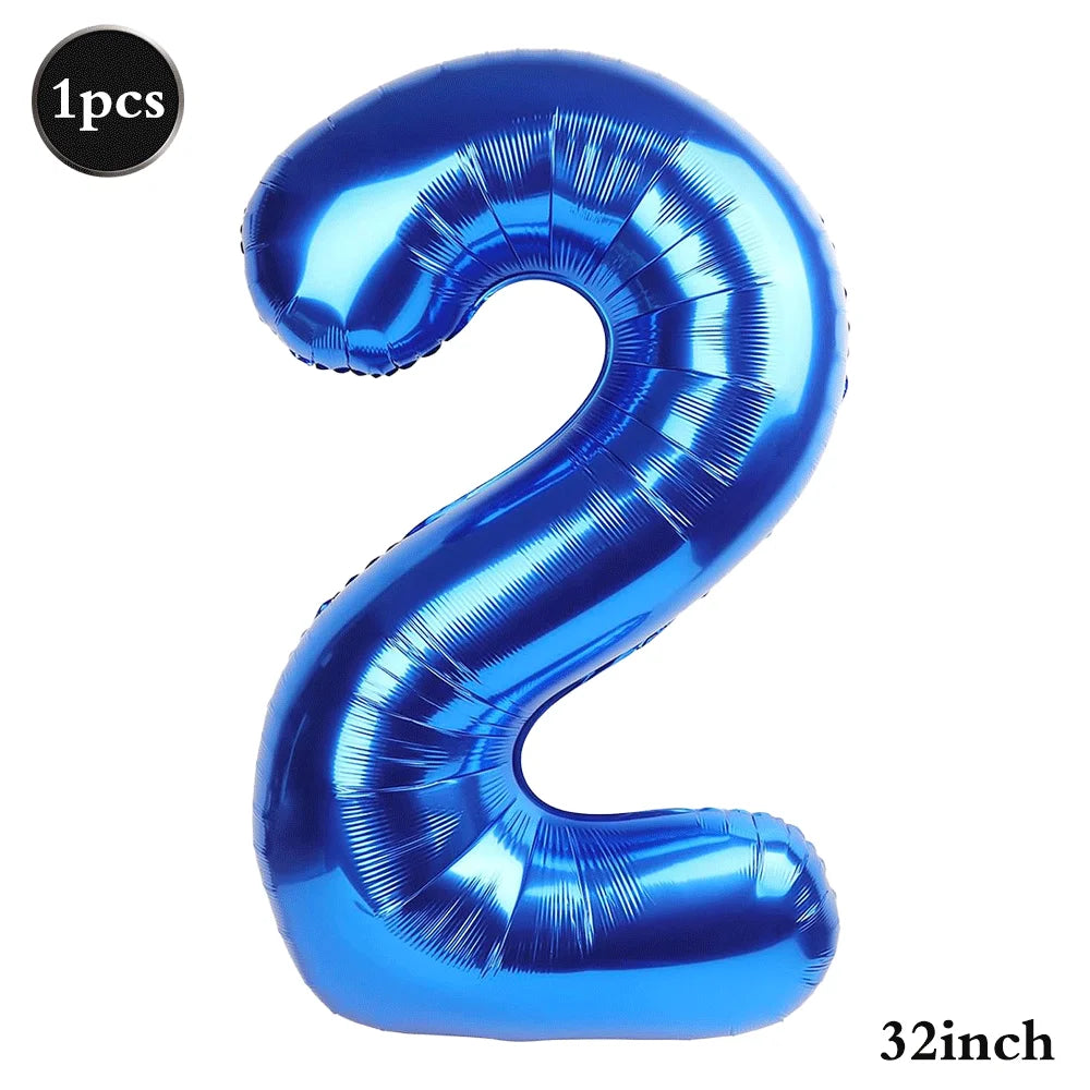 A shiny blue foil balloon shaped like the number 2, measuring 32 inches.