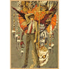 Anime artwork featuring a male character with dark hair and a female skull figure surrounded by fiery orange and brown elemen