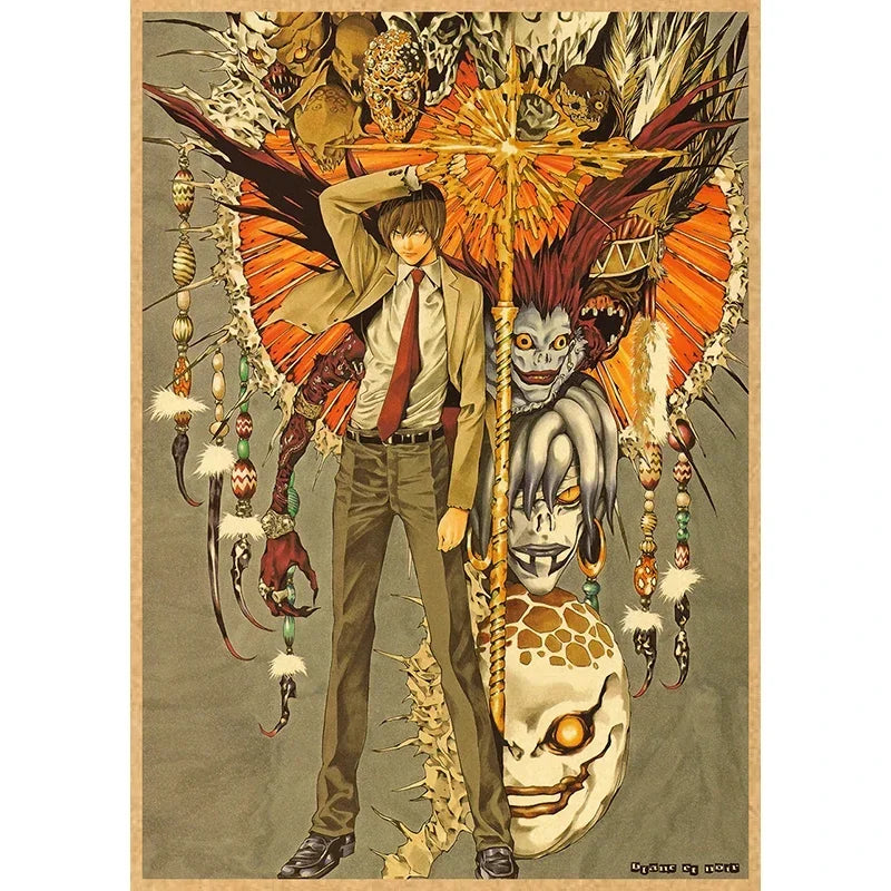 Anime artwork featuring a male character with dark hair and a female skull figure surrounded by fiery orange and brown elemen