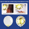 Instructions showing how to make confetti cling to a balloon's inner surface before and after rubbing techniques