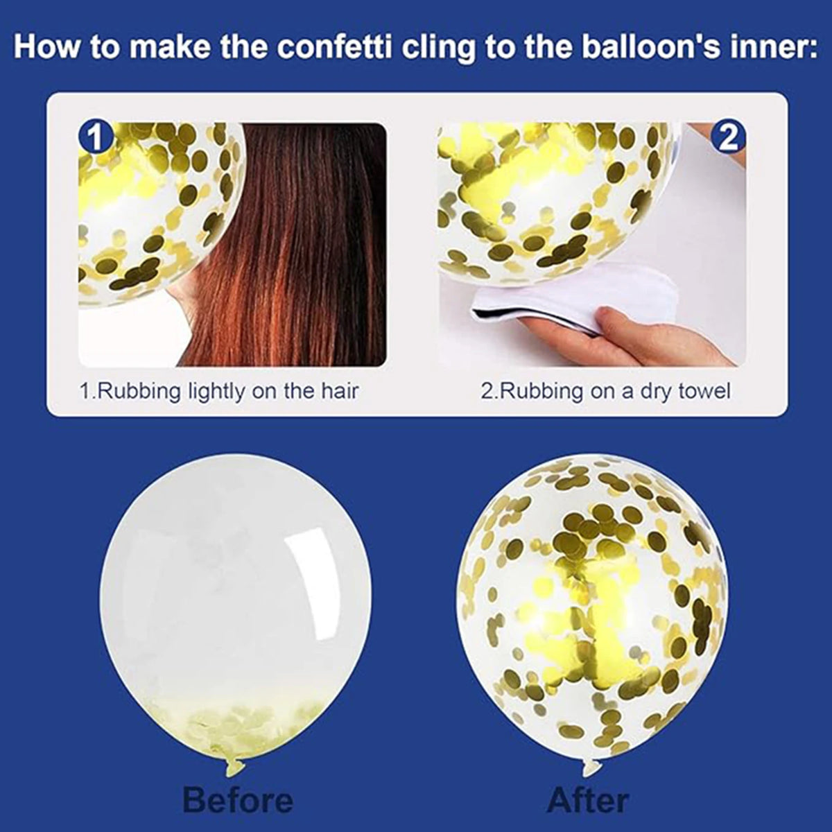 Instructions showing how to make confetti cling to a balloon's inner surface before and after rubbing techniques