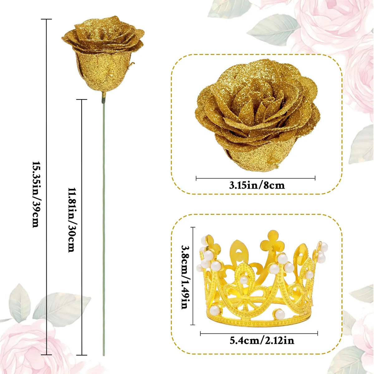 A set of twelve glitter artificial roses and a gold crown displayed against a white background.