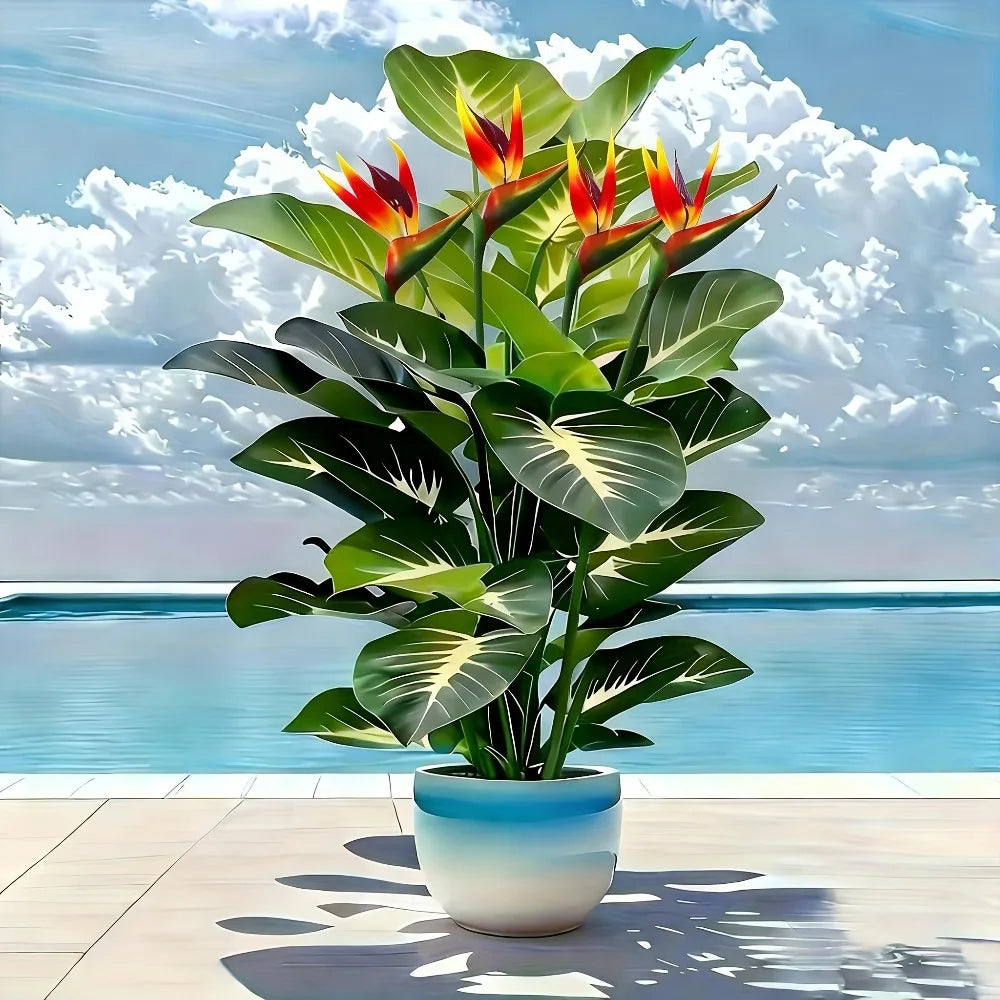 A vibrant artificial Bird of Paradise and Pothos plant in a pot set against a bright blue sky and water background.