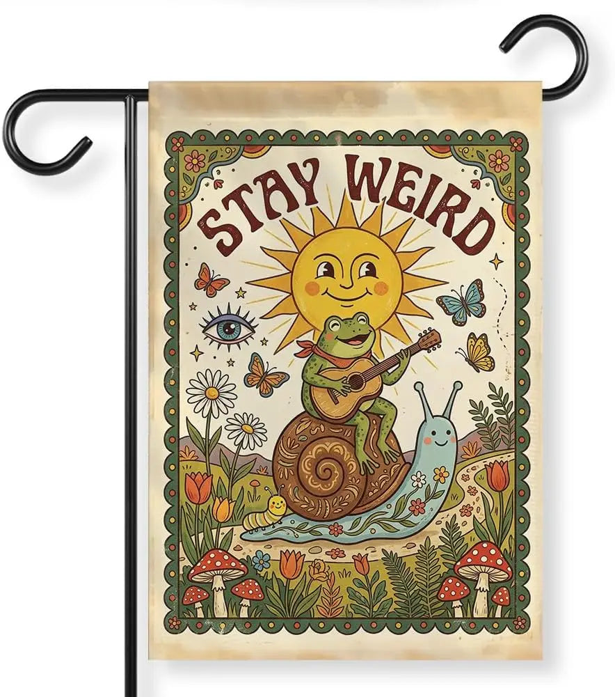A vintage-style illustration featuring a lizard playing a guitar in front of a sun, surrounded by flowers and insects.