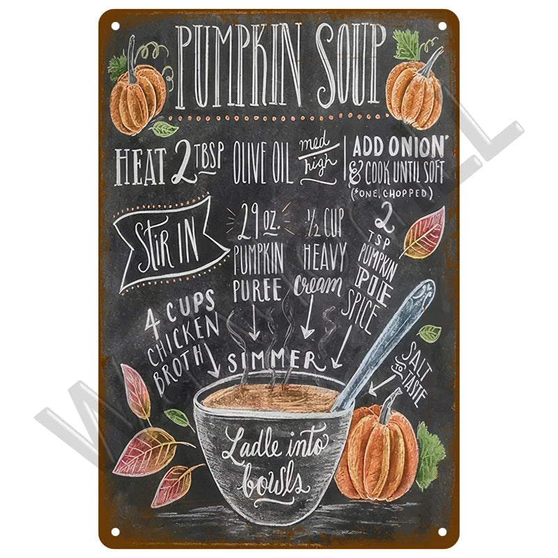A chalkboard plaque showing instructions for making pumpkin soup with ingredients like pumpkin puree chicken broth and onion