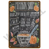 A chalkboard plaque showing instructions for making pumpkin soup with ingredients like pumpkin puree chicken broth and onion