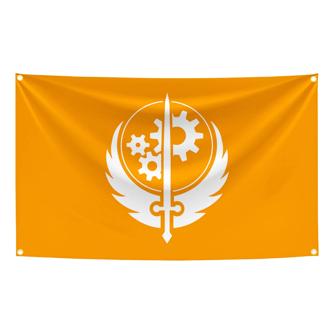 Drapeau de tissu orange avec un emblème blanc de sabres croisés et d'engrenages dans une couronne de laurier.