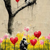 Banksy style art featuring a silhouette of a girl and red heart balloons against a textured wall with pink and yellow flowers