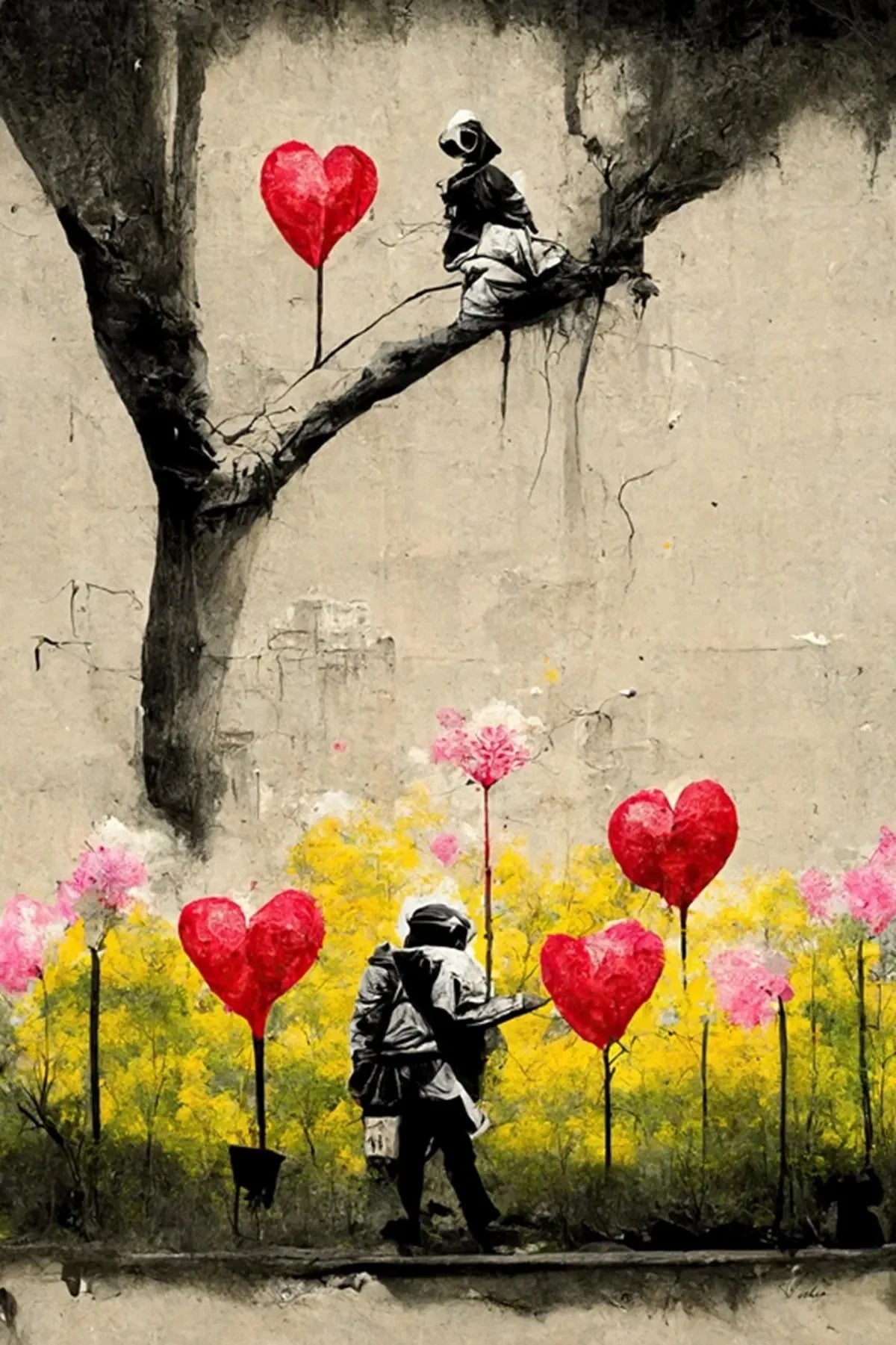 Banksy style art featuring a silhouette of a girl and red heart balloons against a textured wall with pink and yellow flowers