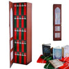 A vertical red and green advent calendar box with numbered compartments and decorative ornaments.