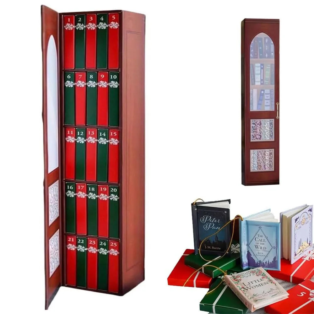 A vertical red and green advent calendar box with numbered compartments and decorative ornaments.
