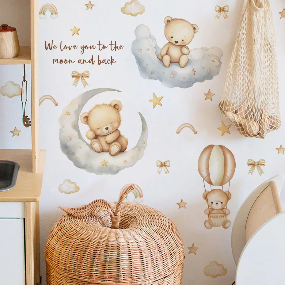 Cartoon bear good night wall stickers featuring bears, moons, stars, and clouds on a white background