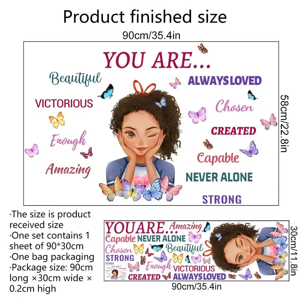 A product listing showing various sizes of butterfly and flower wall decals for self-adhesive decor.