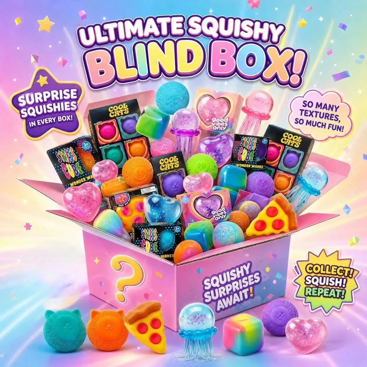 A box of squishy surprises containing various colorful squishies and toys.