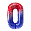 A foil balloon shaped like the number zero with a red and blue spiderweb pattern.