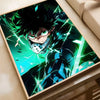 A vibrant poster featuring Izuku Midoriya Deku from My Hero Academia in a dark, intense pose with glowing green energy effect