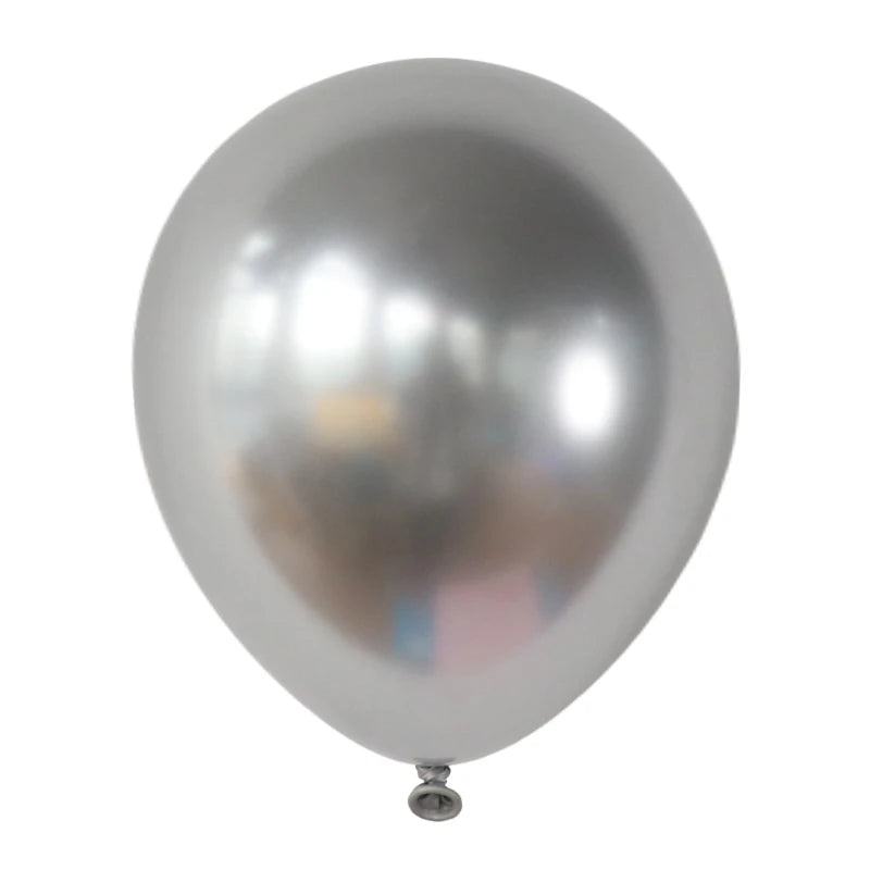 A spherical chrome silver metallic balloon is shown against a white background.