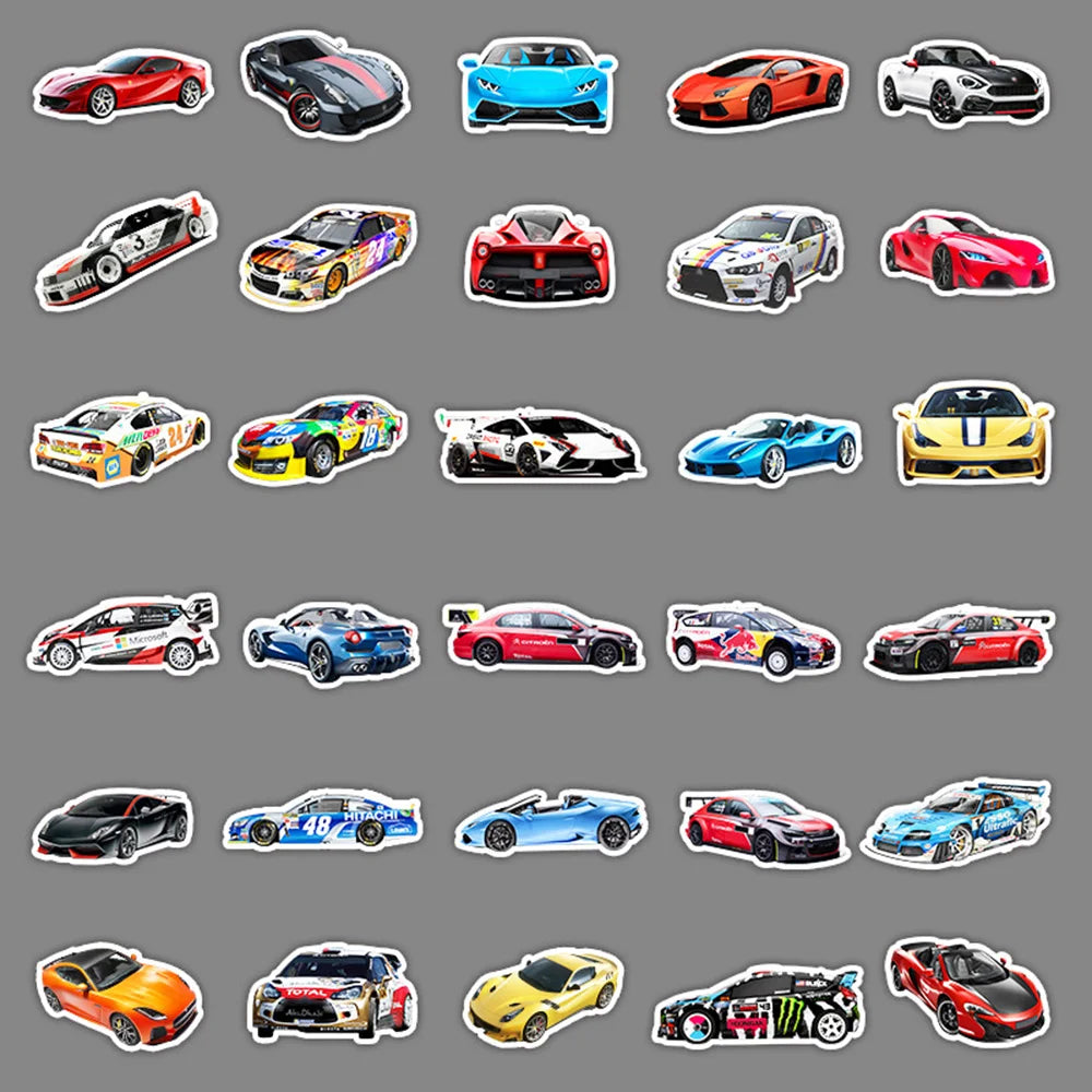 A collection of various retro and modern car decals and stickers shown in different colors and styles.