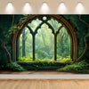 A vertical backdrop featuring an arched window framing a lush, misty forest scene with green foliage and tree trunks.