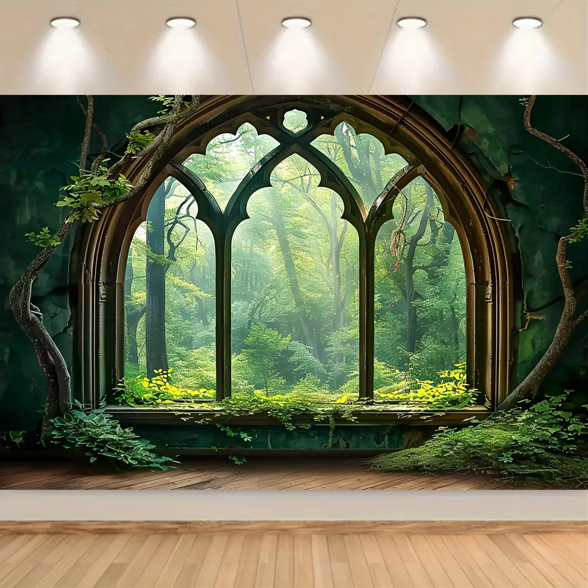 A vertical backdrop featuring an arched window framing a lush, misty forest scene with green foliage and tree trunks.
