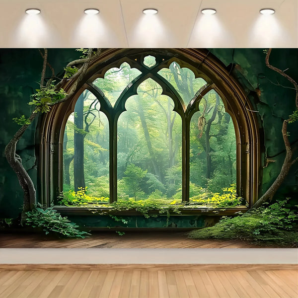 A vertical backdrop featuring an arched window framing a lush, misty forest scene with green foliage and tree trunks.