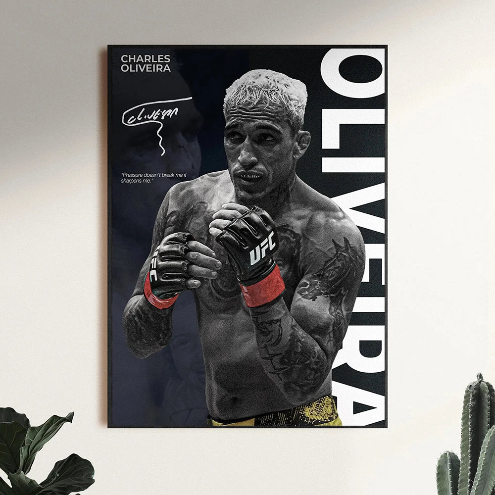 Black and white canvas art featuring a portrait of Charles Oliveira in an MMA fighter stance.