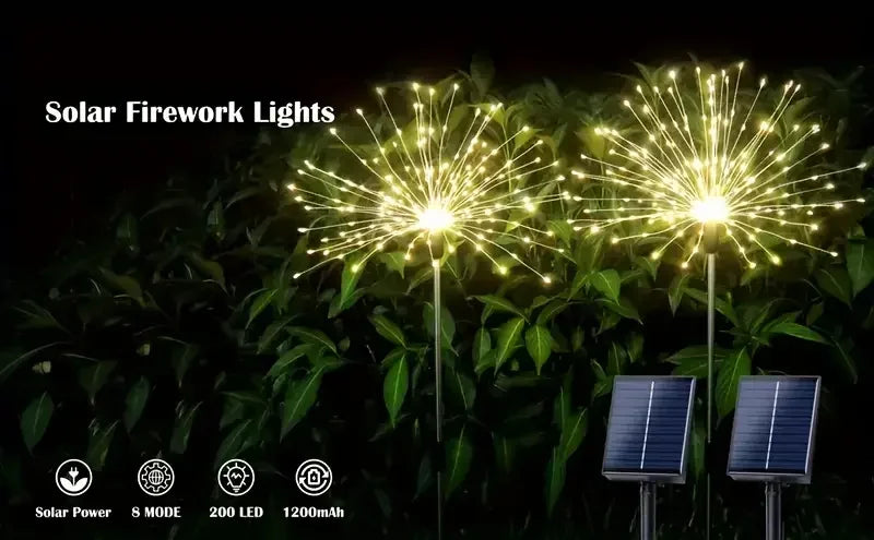 Solar fireworks garden lights illuminating green foliage at night.