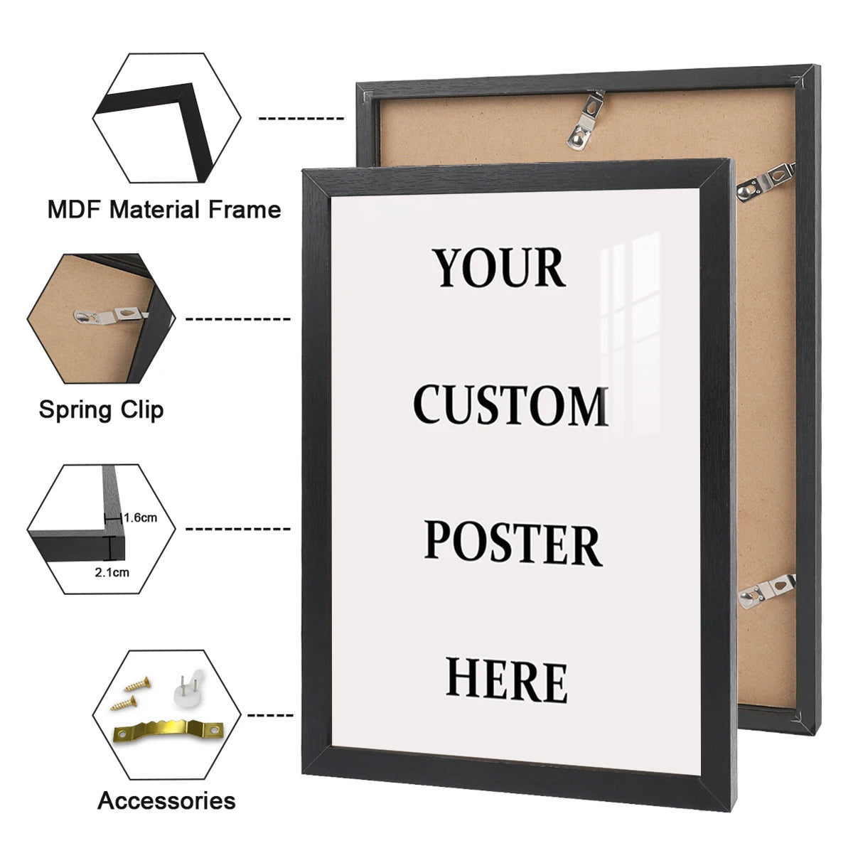 A black framed poster mockup showing a custom print with the text YOUR CUSTOM POSTER HERE and various accessories.