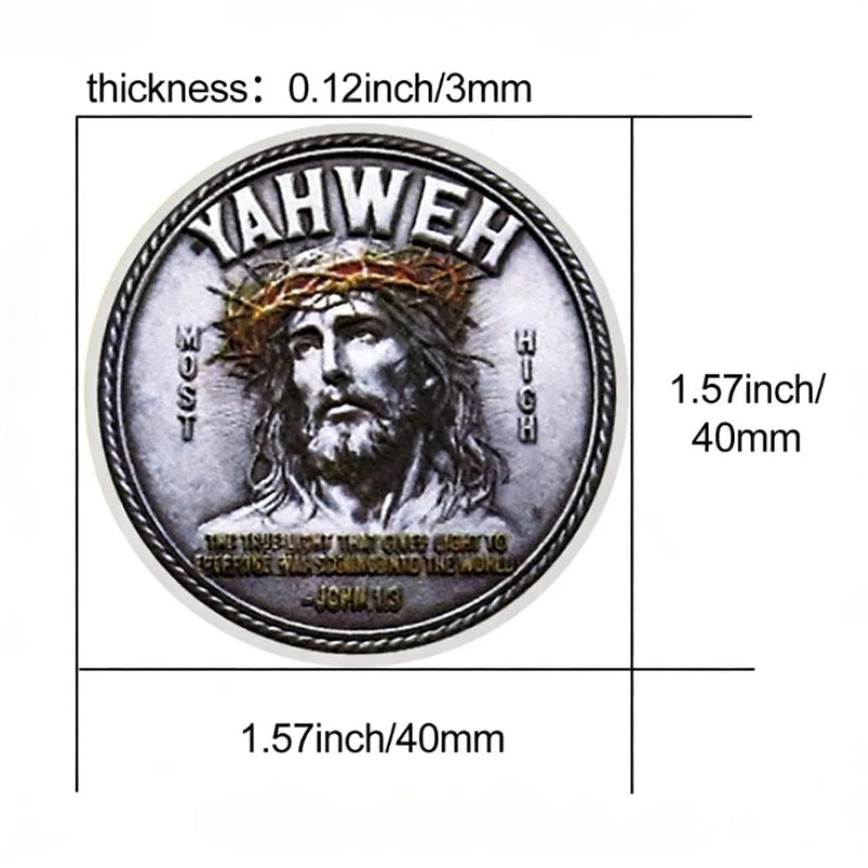A silvery commemorative faith cross coin featuring the name Yahweh and a depiction of Jesus.