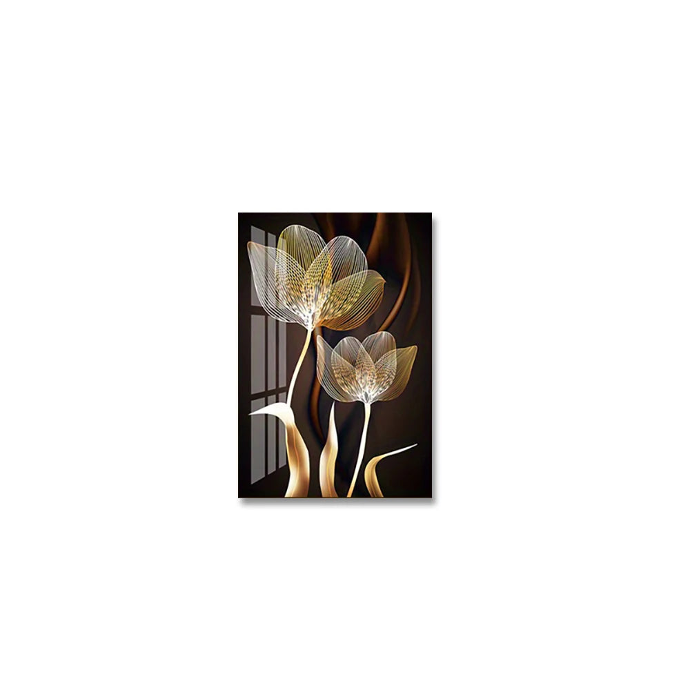 A set of three abstract flower canvas wall art pieces featuring golden and bronze tones.