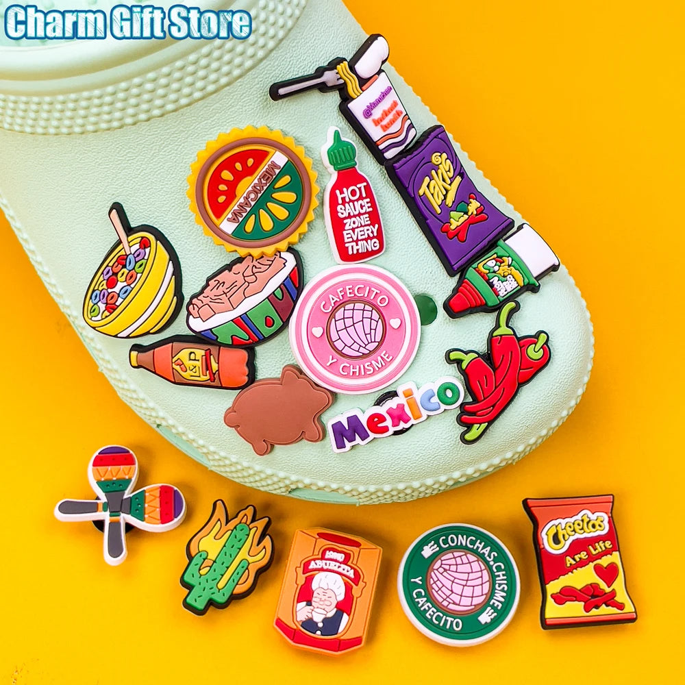 A collection of Mexico style PVC shoe charms featuring various colorful and themed designs.