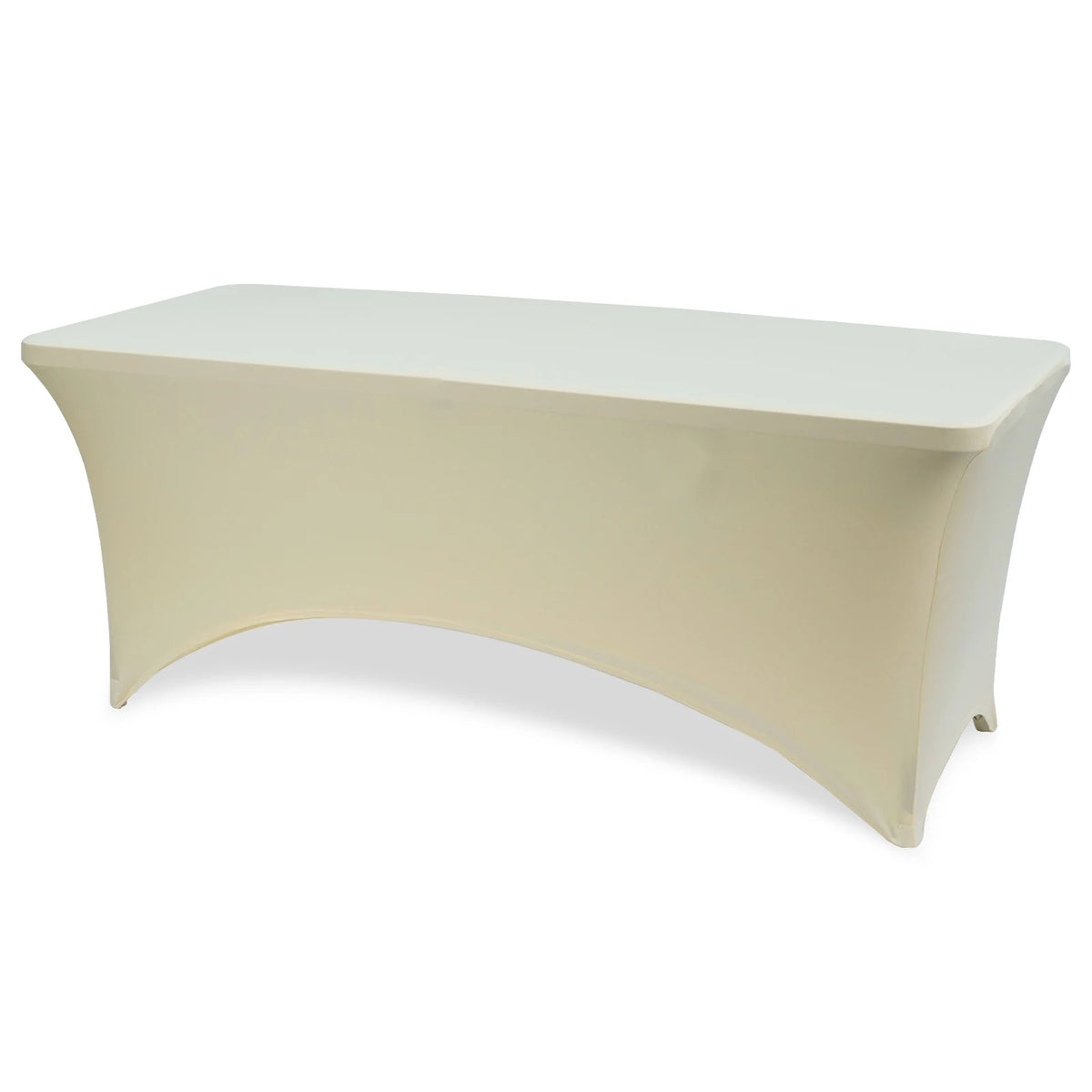 A cream-colored stretch fitted spandex table cover for a rectangle or folding table.