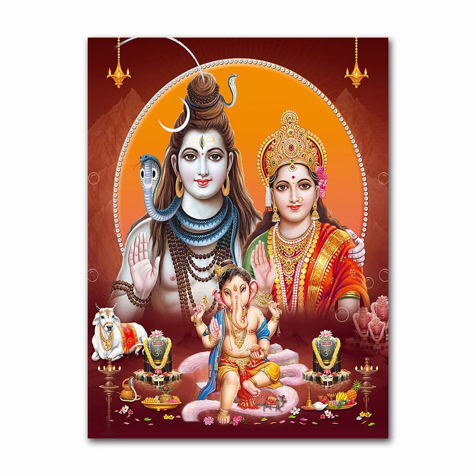 Golden Ganesha canvas art print featuring Shiva and Parvati within an arched frame.