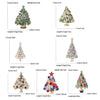 Various sizes of rhinestone Christmas tree brooch pins shown with dimensions and weights.