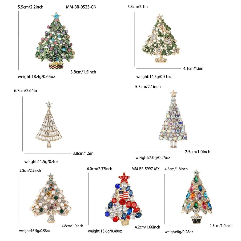 Various sizes of rhinestone Christmas tree brooch pins shown with dimensions and weights.