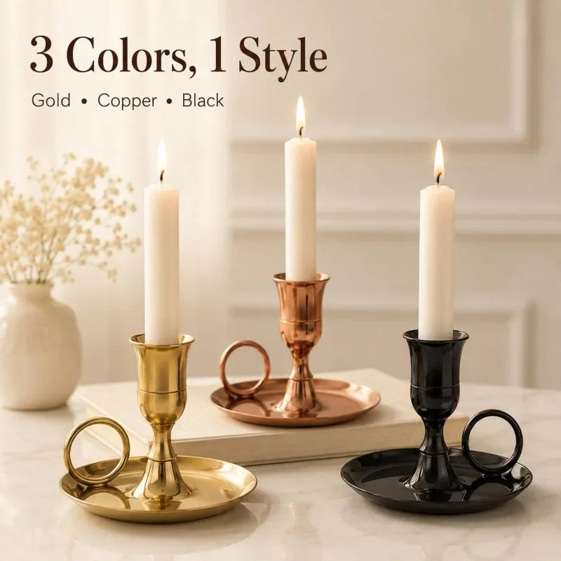 Vintage Gold Taper Candle Holder with Handle and Drip Tray