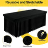 Black stretch table cover with elegant pleats showing anti-scratch and premium quality features