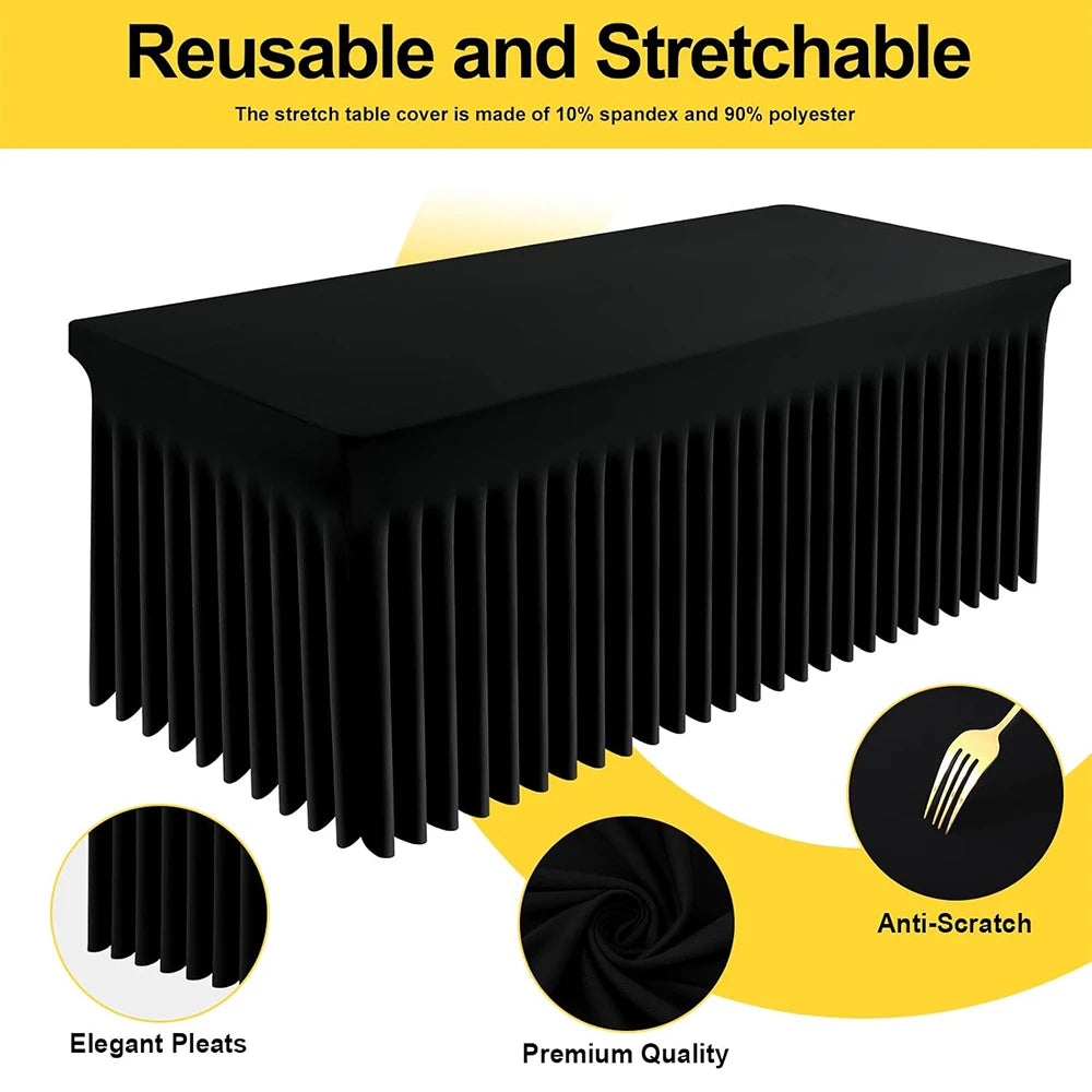 Black stretch table cover with elegant pleats showing anti-scratch and premium quality features