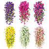 A collection of artificial morning glory hanging flowers in purple, pink, and yellow.