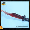 A realistic bloody knife prop with a dark handle and visible blood flow, displayed against a light blue background.
