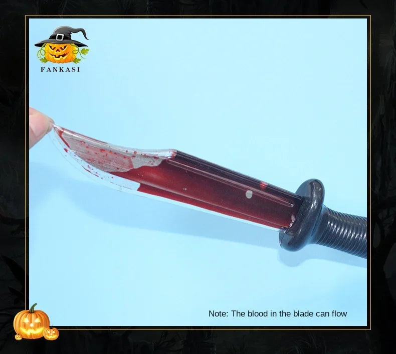 A realistic bloody knife prop with a dark handle and visible blood flow, displayed against a light blue background.
