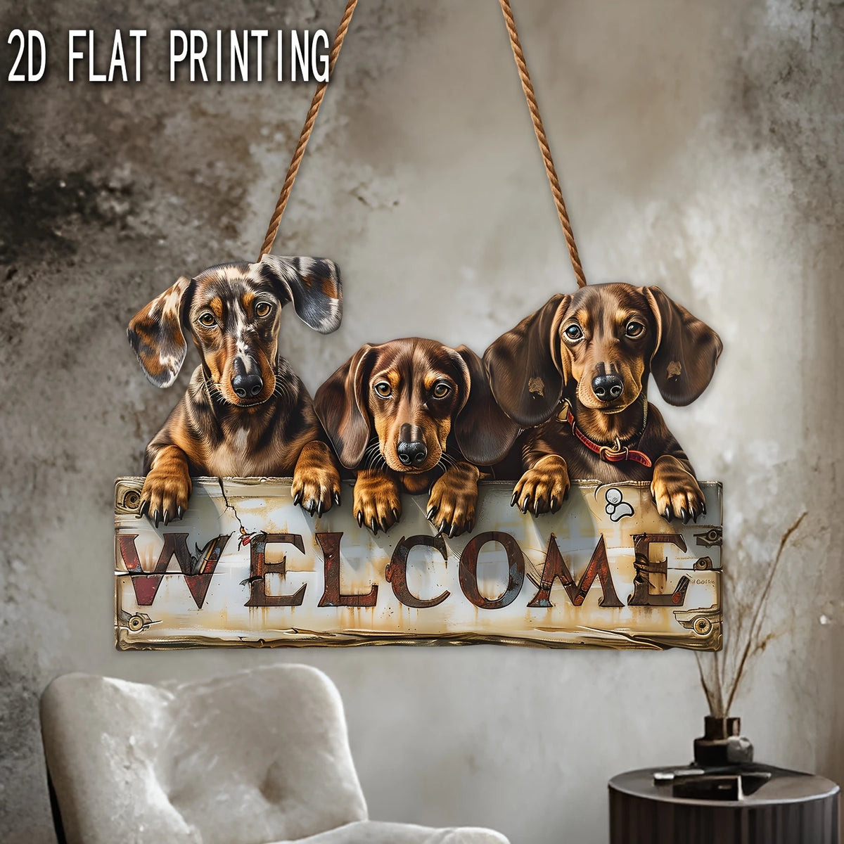 Une enseigne en bois avec trois têtes de chiens accueillant les invités, affichée sur un mur.